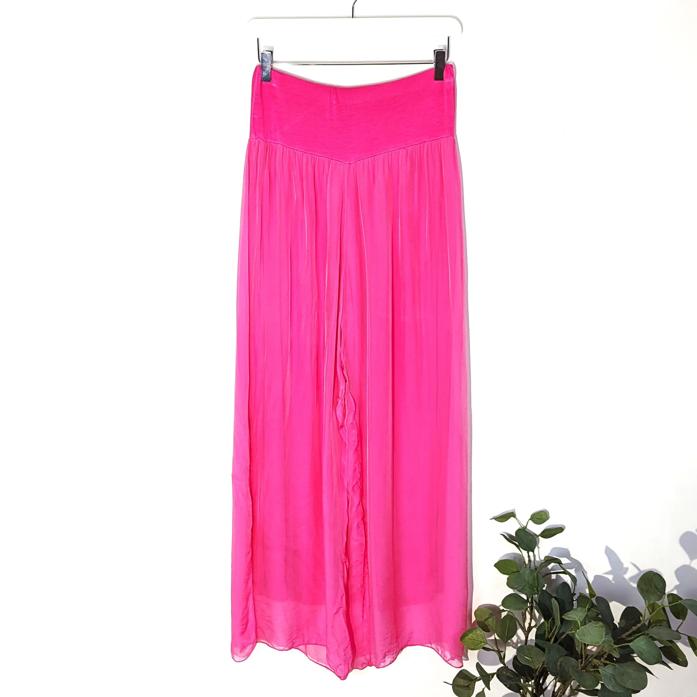 Straight leg silk trousers with side splits on legs and comfortable underlayer