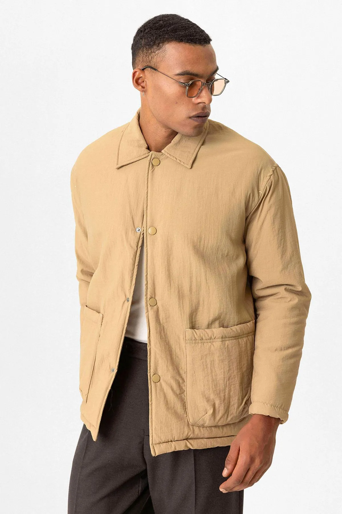 Taupe Lightly Padded Men's Jacket with Cargo Pockets - Wessi