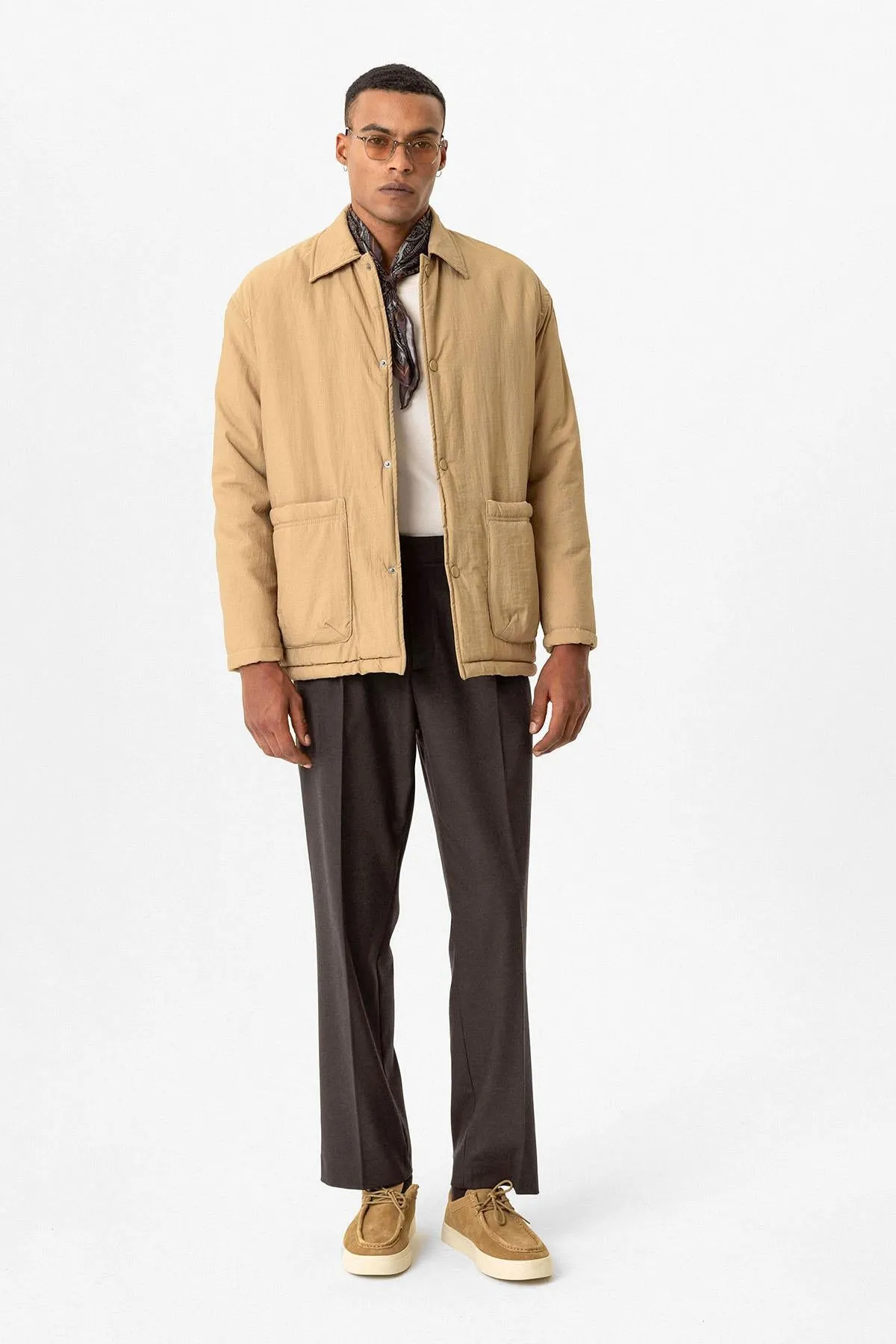 Taupe Lightly Padded Men's Jacket with Cargo Pockets - Wessi