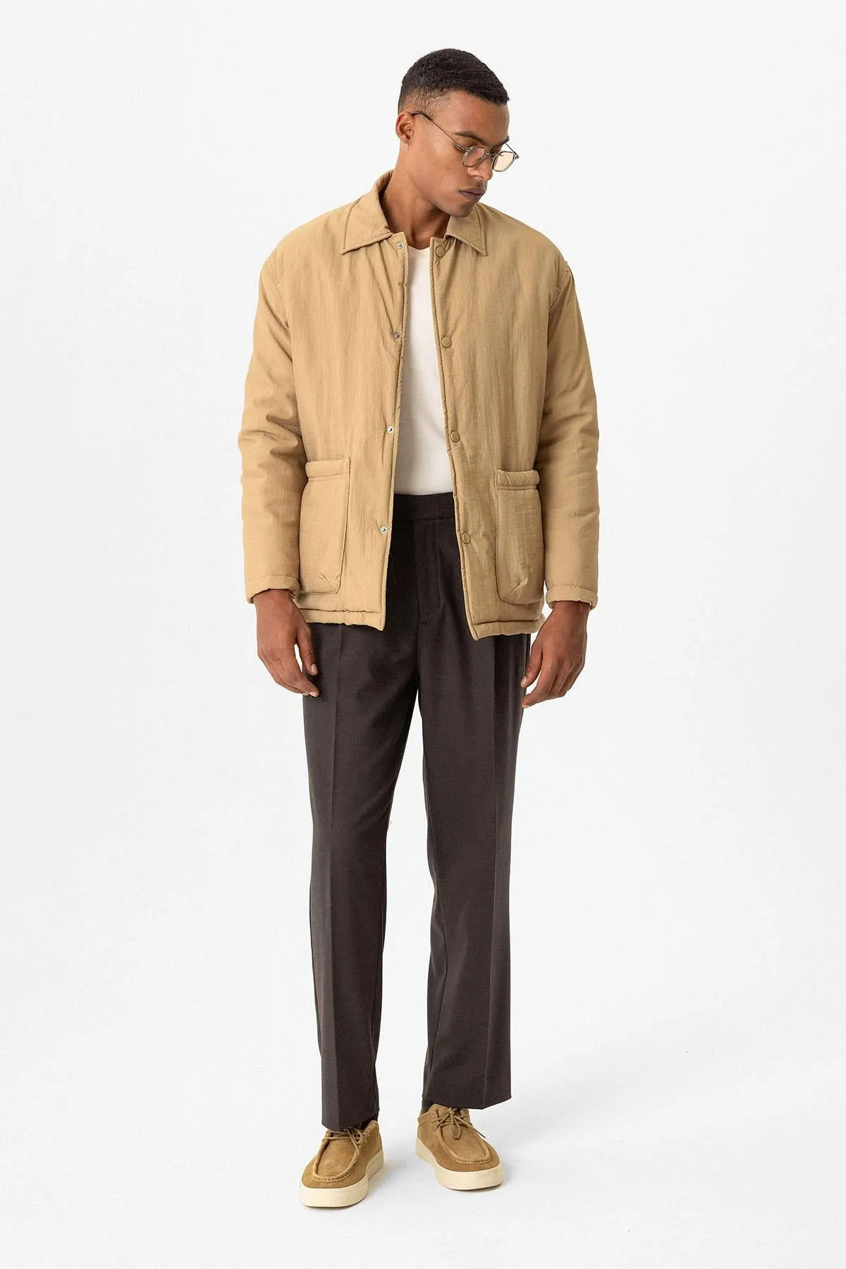 Taupe Lightly Padded Men's Jacket with Cargo Pockets - Wessi