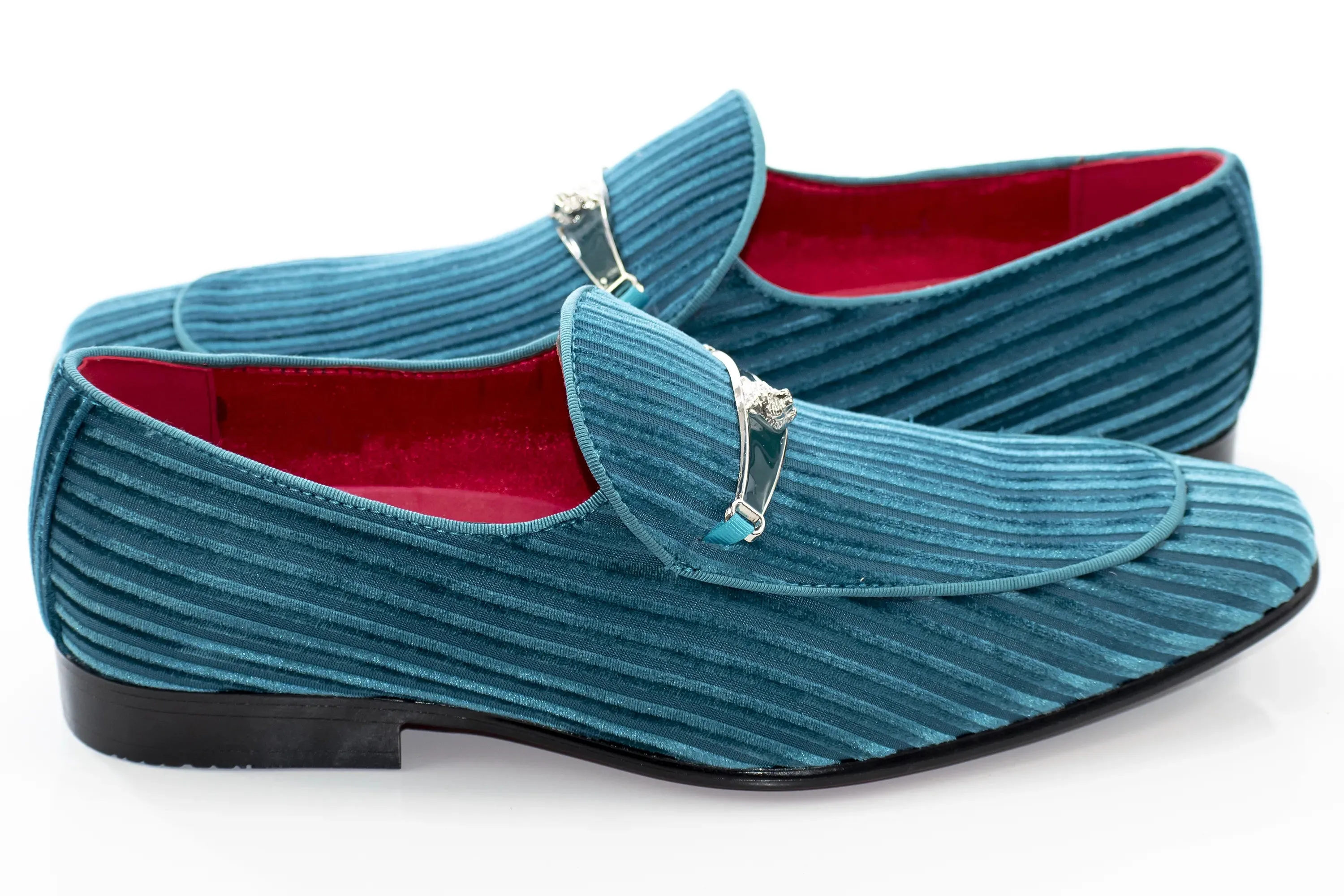 Teal Striped Velvet Smoking Loafer with Designer Bit