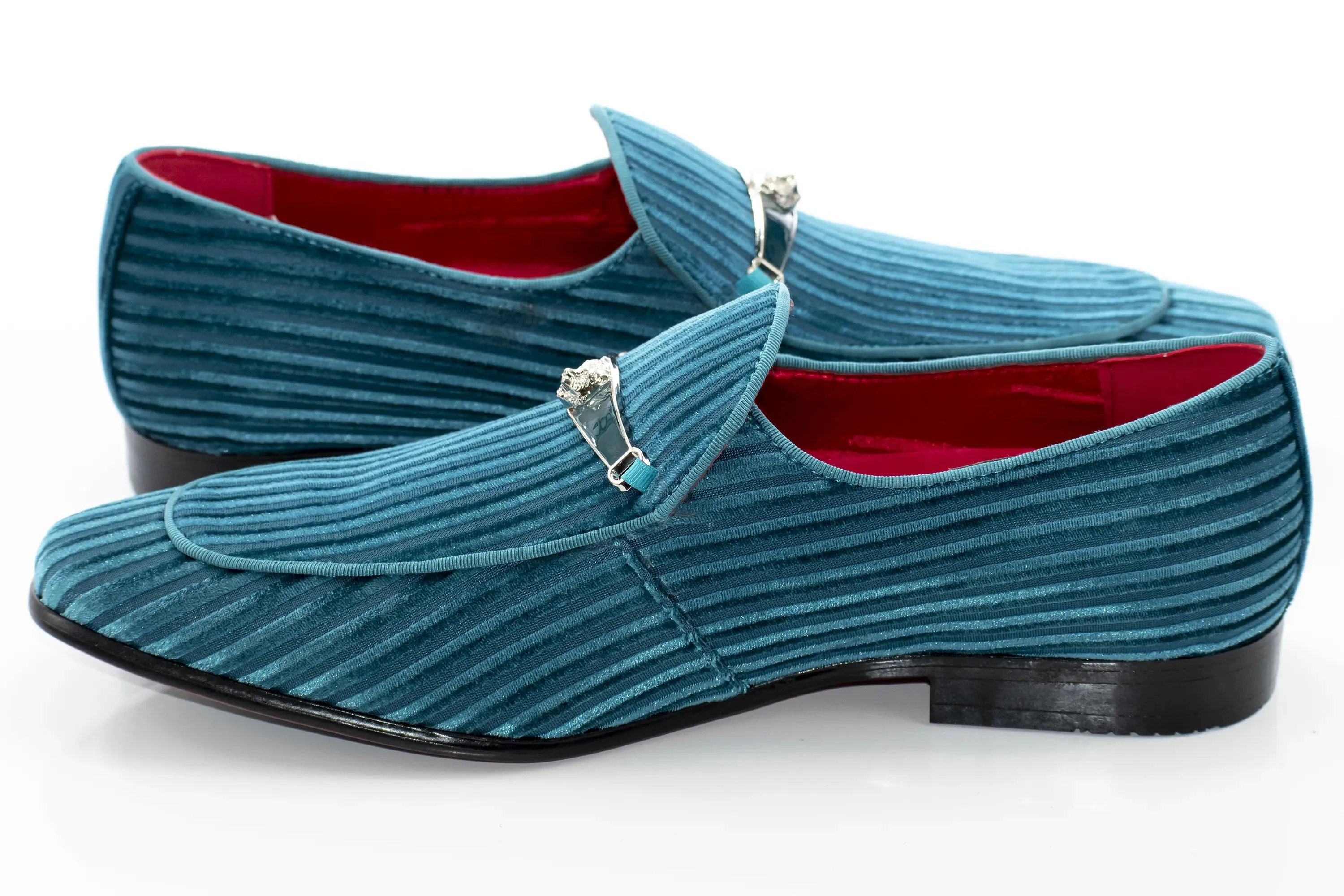 Teal Striped Velvet Smoking Loafer with Designer Bit