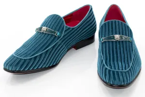 Teal Striped Velvet Smoking Loafer with Designer Bit