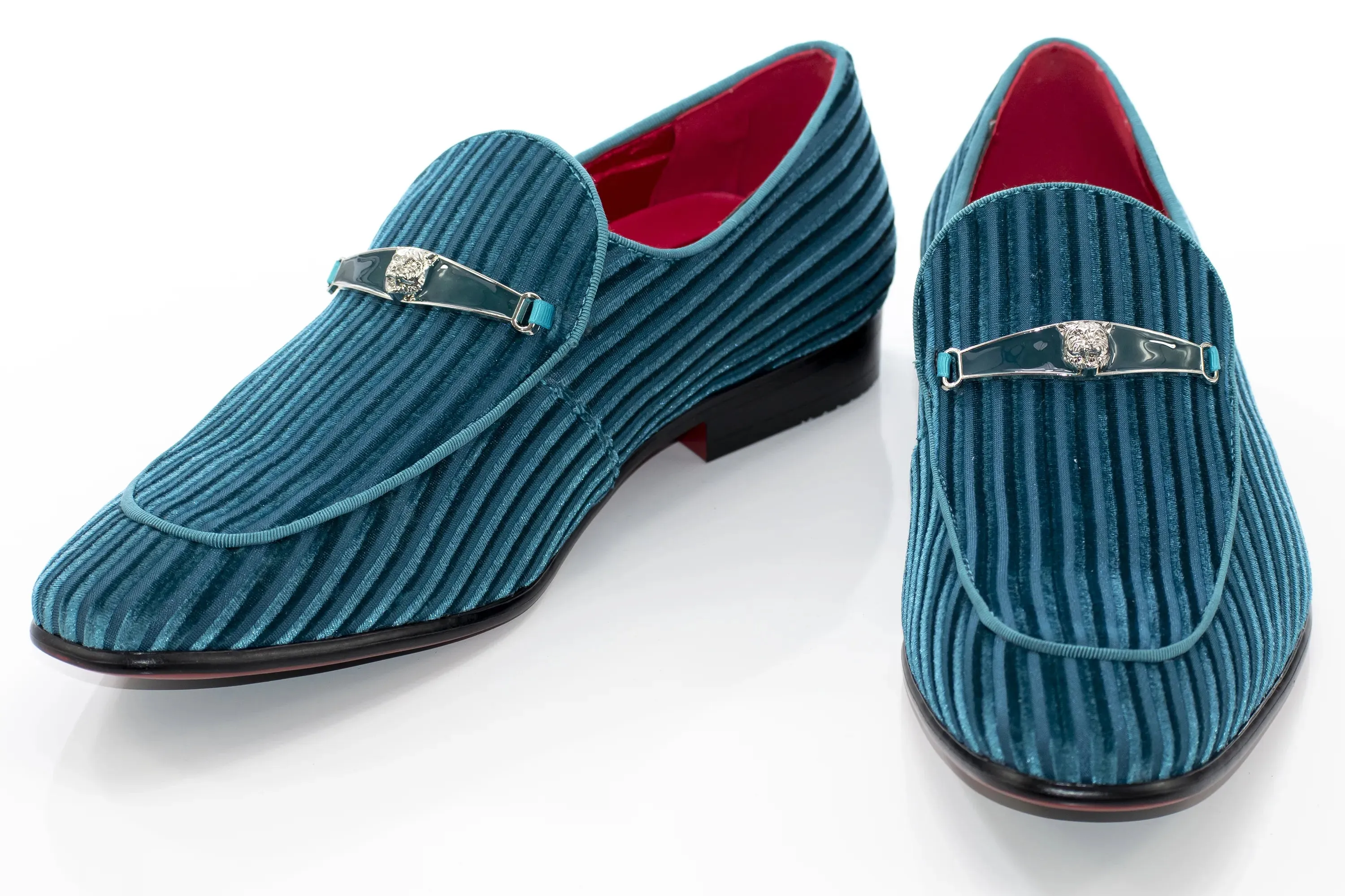 Teal Striped Velvet Smoking Loafer with Designer Bit