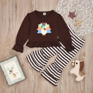 Toddler Girl Cartoon Turkey Top & Stripe Bell Trousers Wholesale Girls