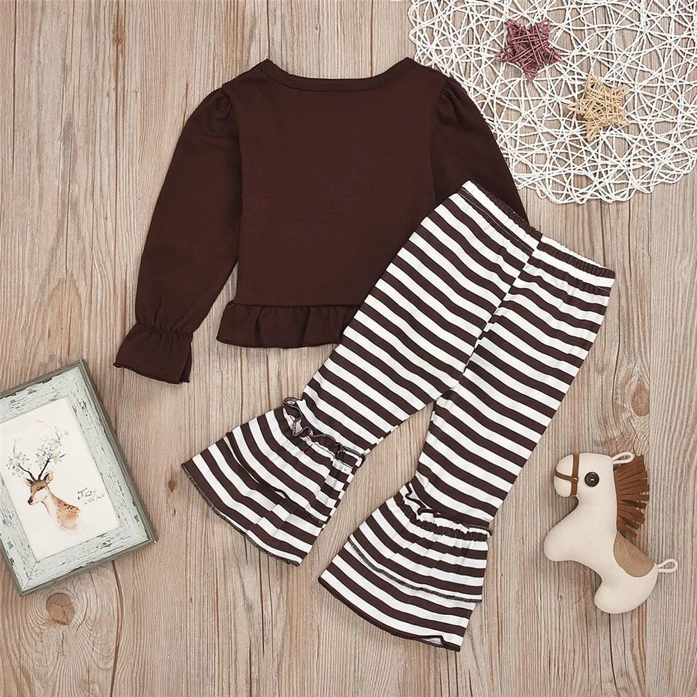 Toddler Girl Cartoon Turkey Top & Stripe Bell Trousers Wholesale Girls