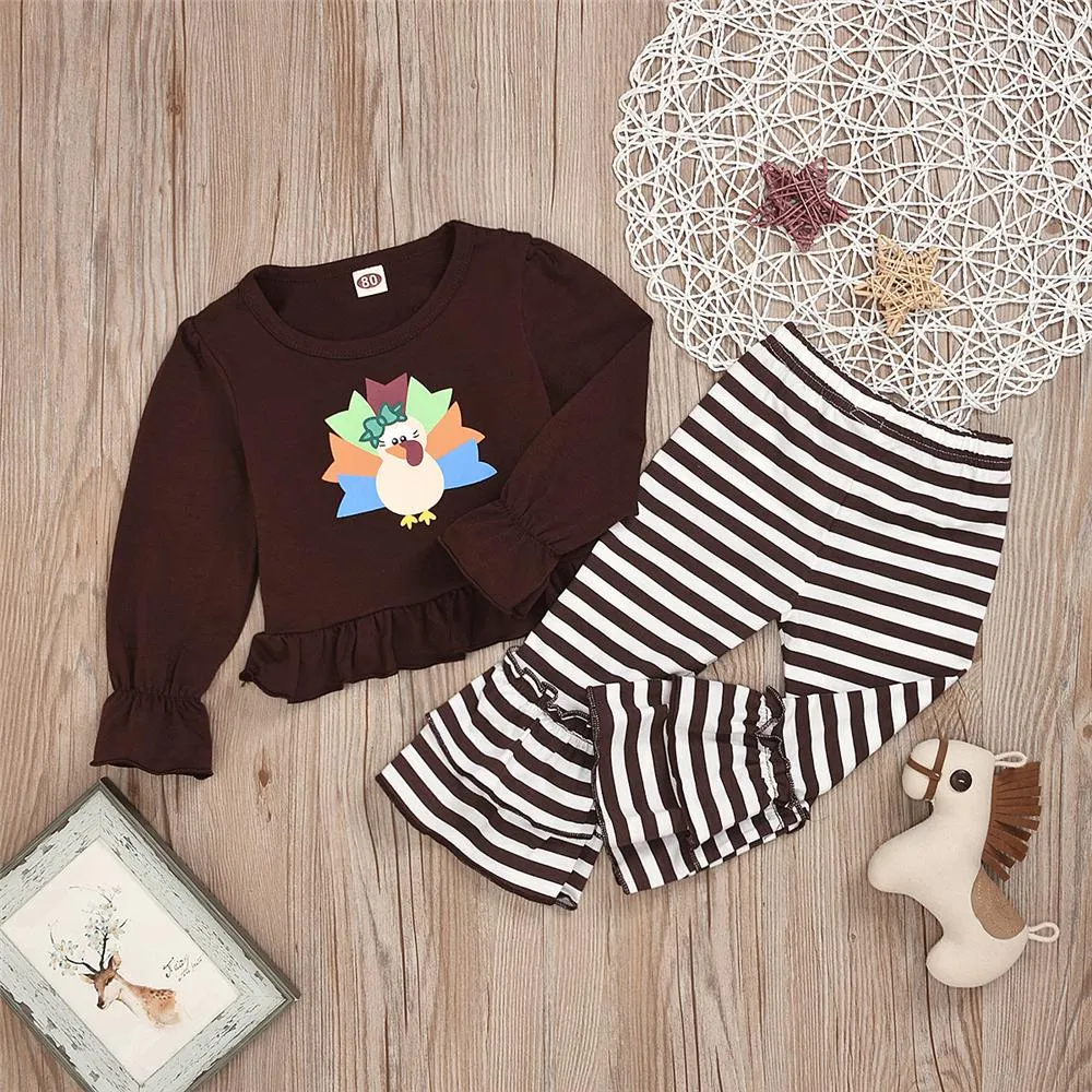 Toddler Girl Cartoon Turkey Top & Stripe Bell Trousers Wholesale Girls