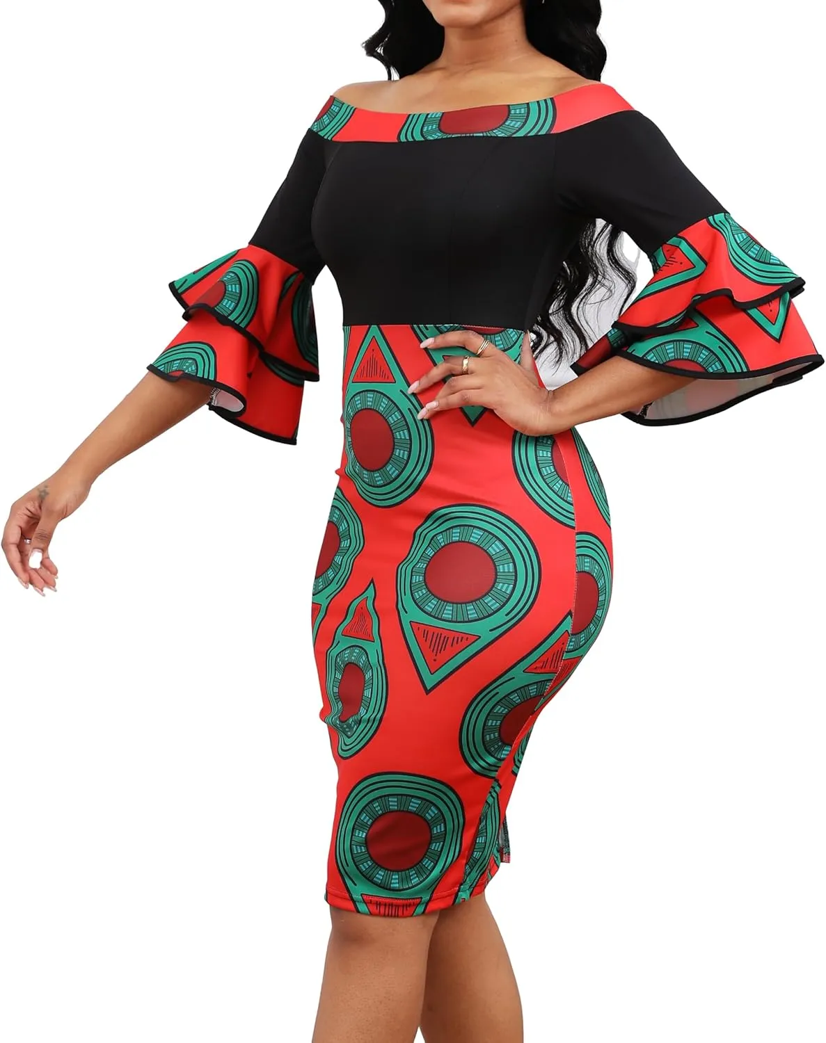 VisiChenup Sexy African Dress for Women Elegant Off Shoulder Ruffles Sleeve Ladies Pencil Dresses