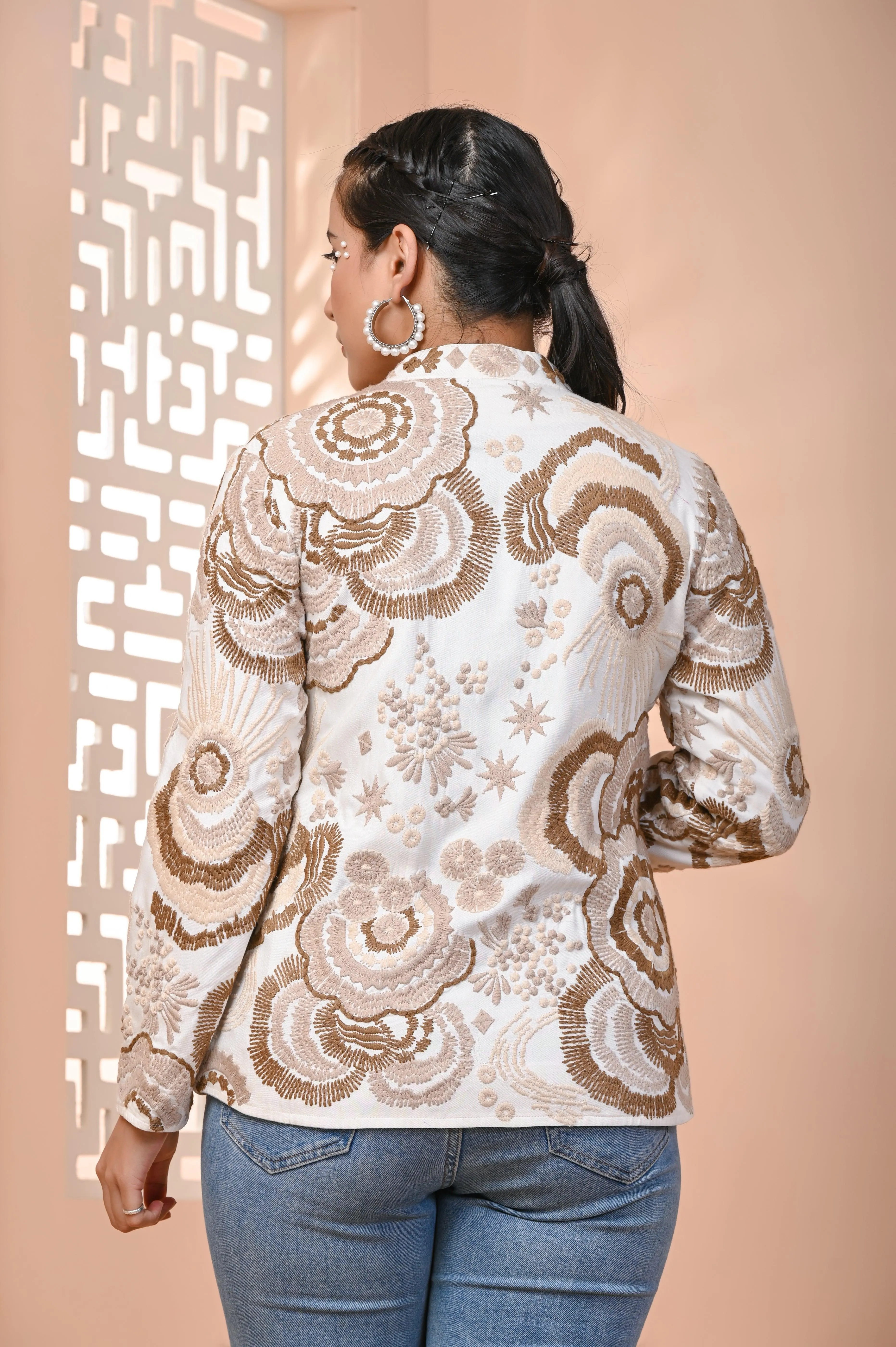 White & Brown Embroidered Cotton Jacket