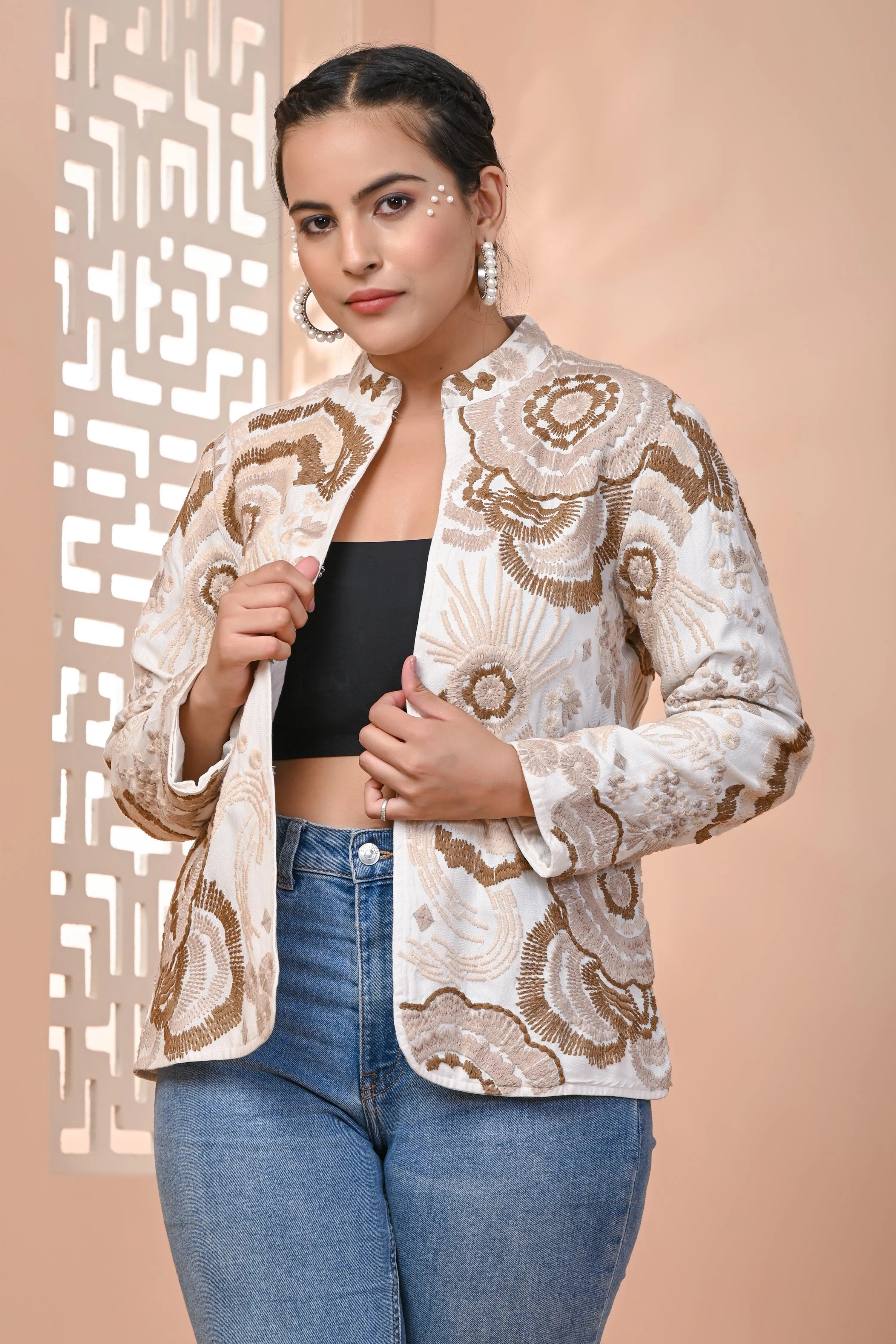 White & Brown Embroidered Cotton Jacket