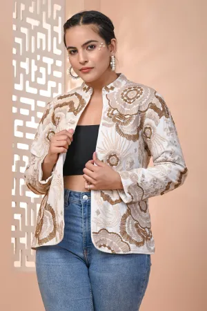 White & Brown Embroidered Cotton Jacket
