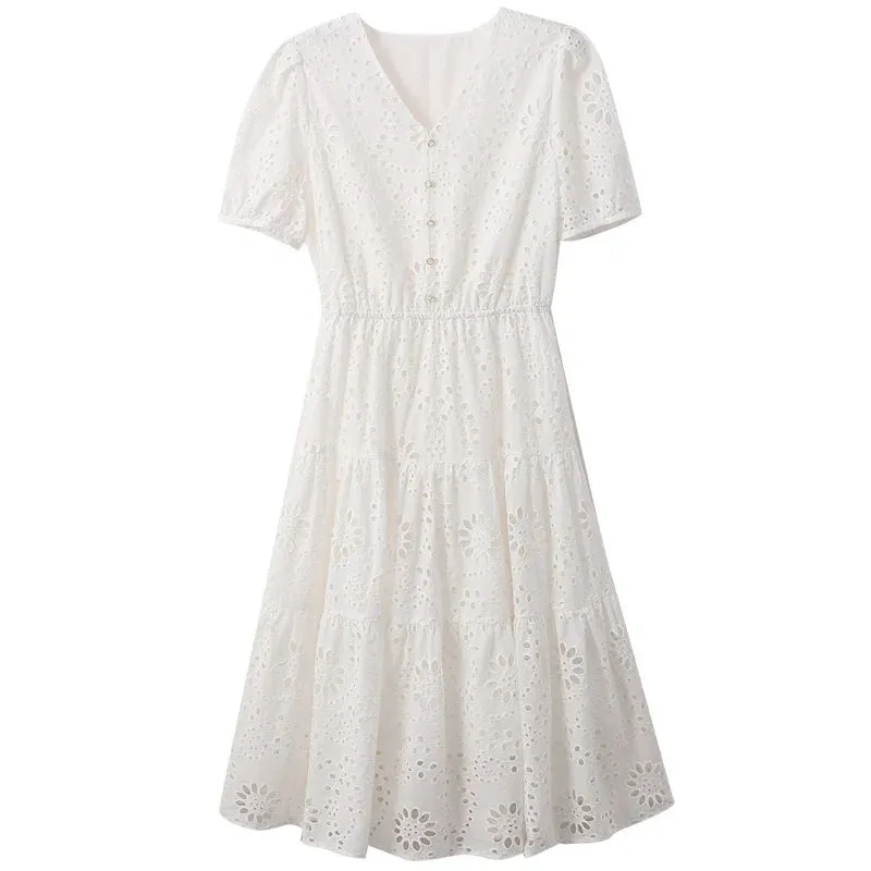 Women Hollow Embroidery White Elegant Party Dresses