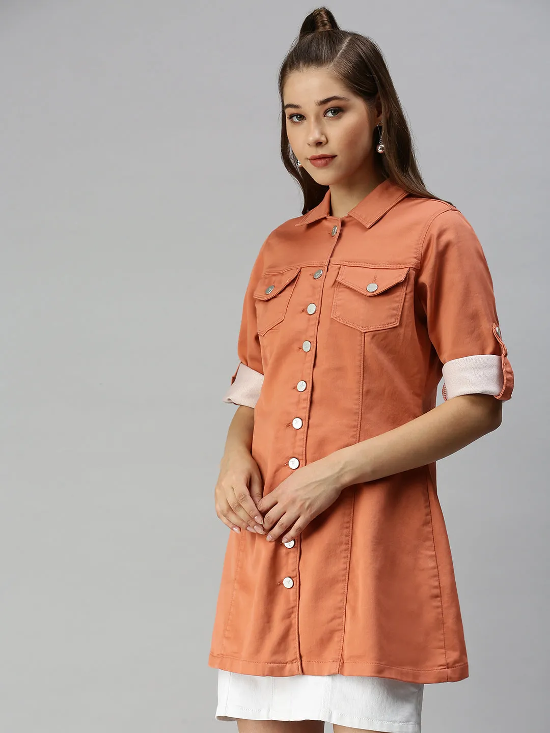 Women Rust Cotton Tailored Jacket