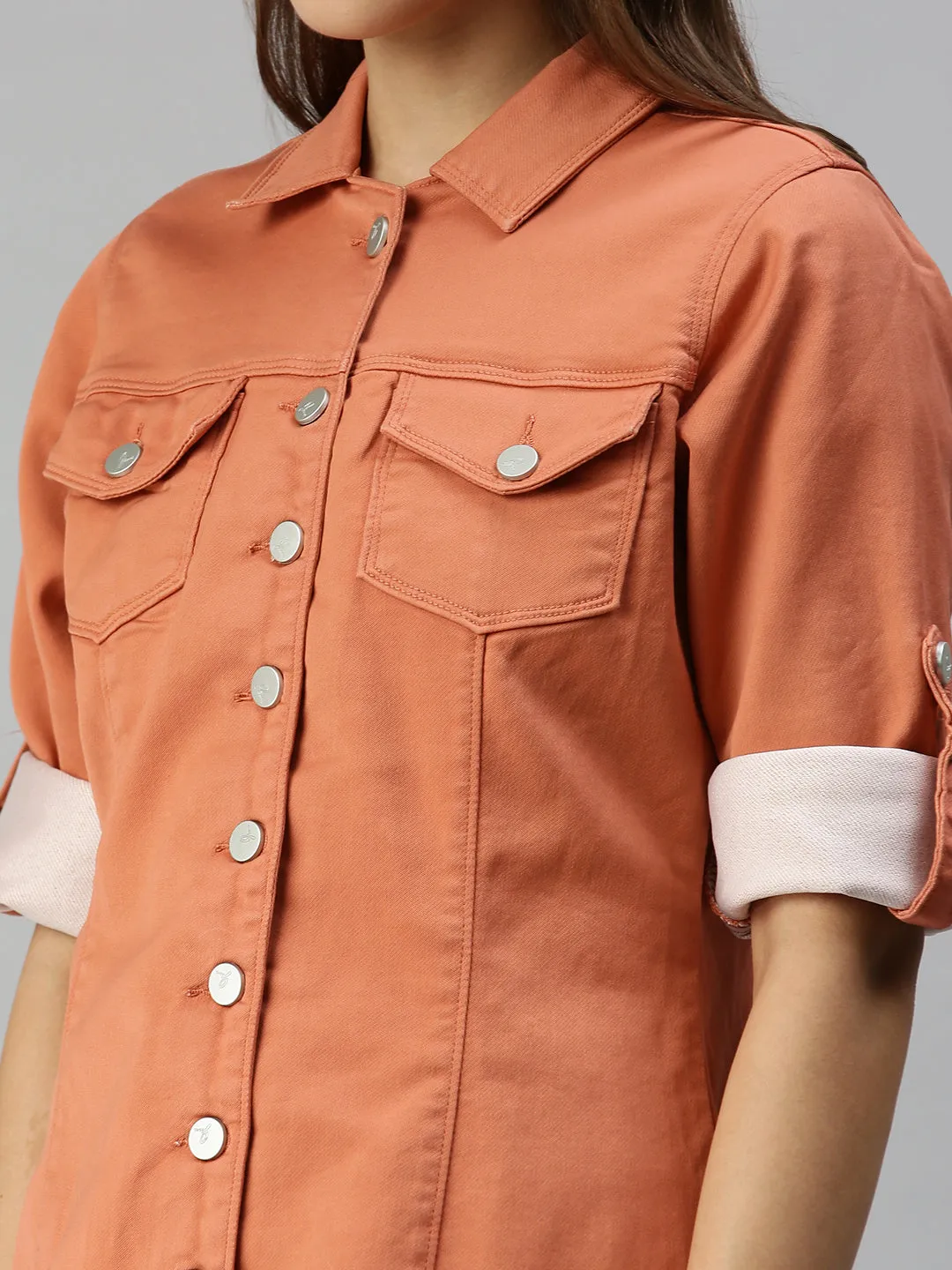Women Rust Cotton Tailored Jacket