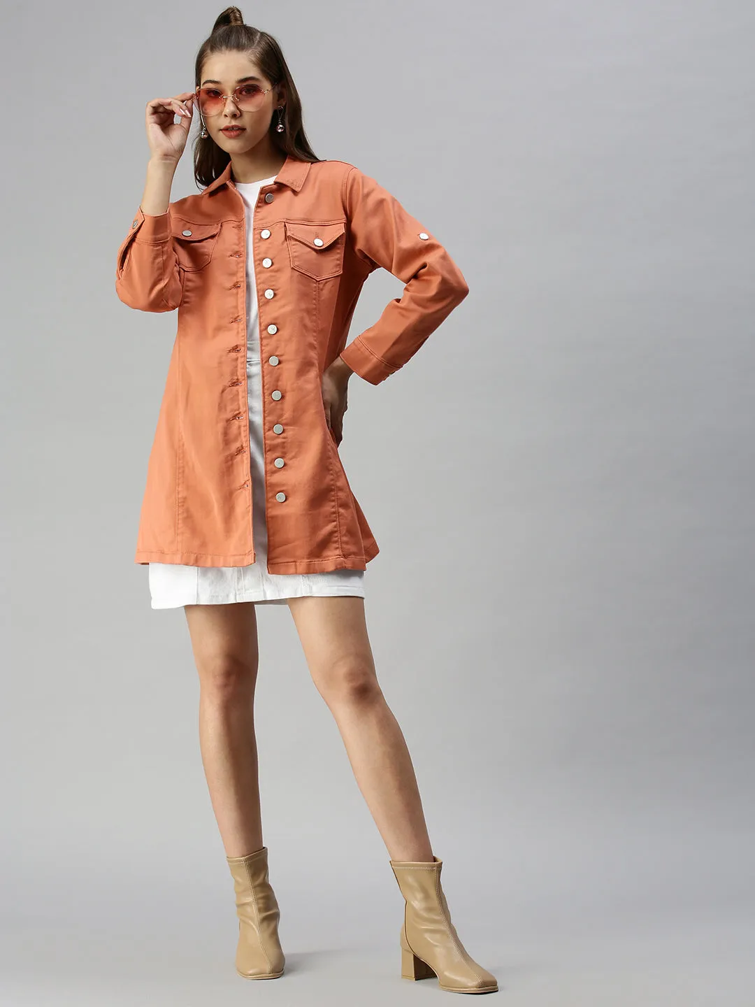 Women Rust Cotton Tailored Jacket