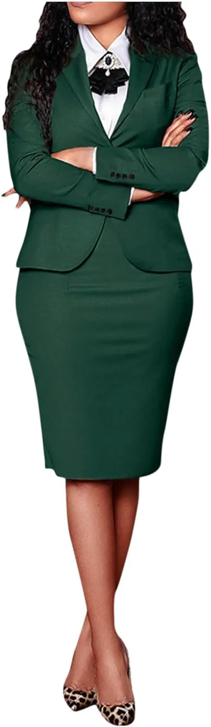 Women's 2 Piece Suit Skirt Set Business Casual Long Sleeve Lapel Neck Blazer and High Waisted Midi Pencil Skirt Business Suit