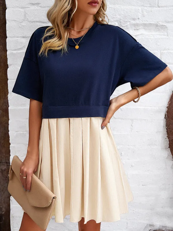 Women's elegant short-sleeved patchwork dress