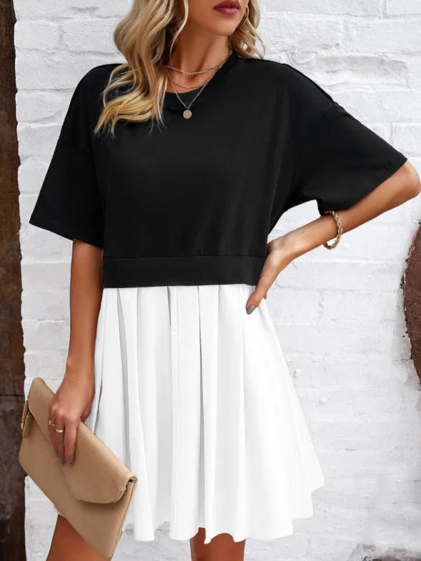 Women's elegant short-sleeved patchwork dress