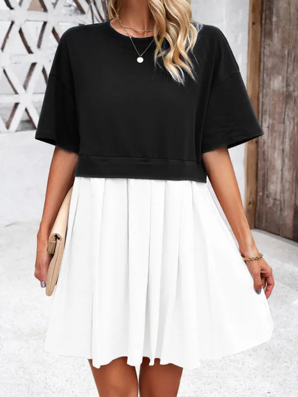 Women's elegant short-sleeved patchwork dress