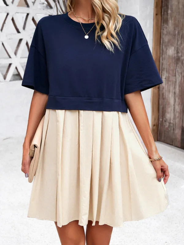 Women's elegant short-sleeved patchwork dress
