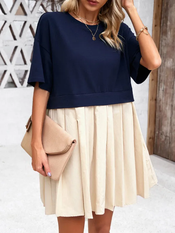 Women's elegant short-sleeved patchwork dress