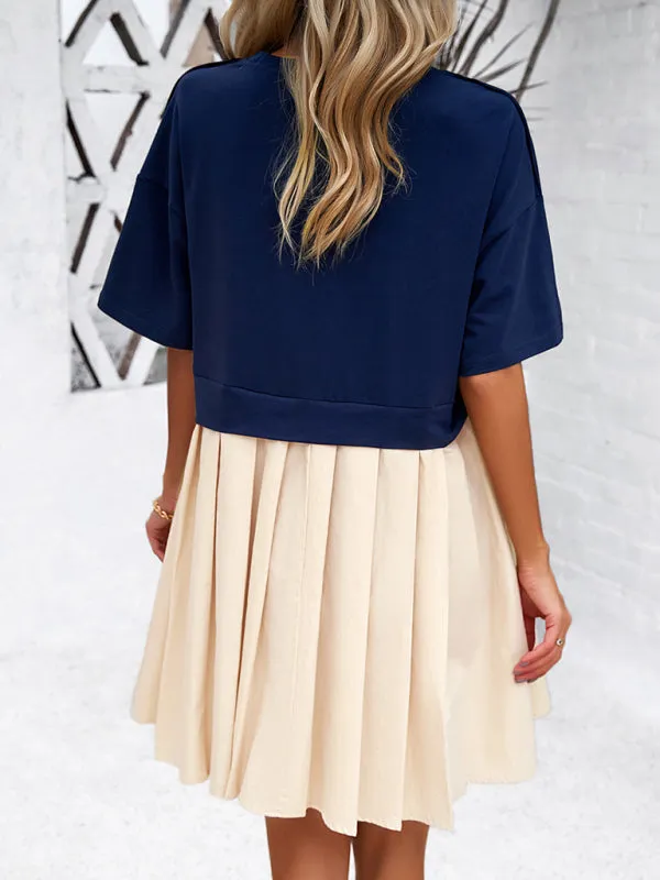Women's elegant short-sleeved patchwork dress