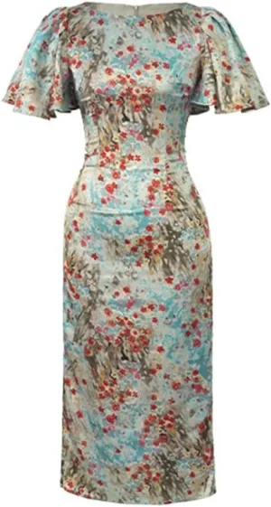 Women's Formal Long Pencil Dress Women Elegant Pretty Satin Vintage Print Short Sleeve Slim Midi Robe