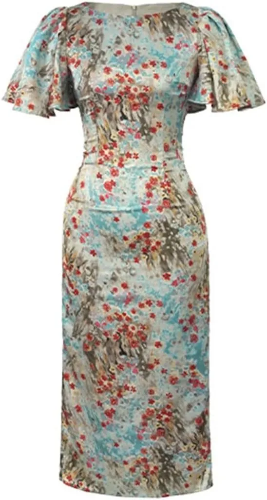 Women's Formal Long Pencil Dress Women Elegant Pretty Satin Vintage Print Short Sleeve Slim Midi Robe
