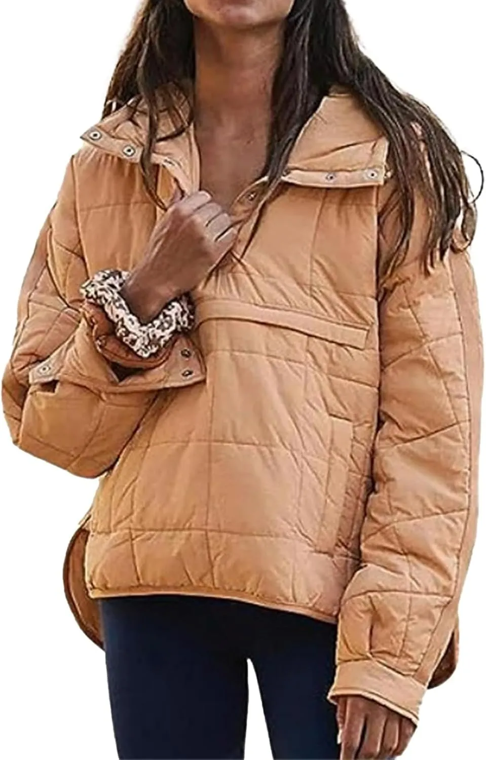 Womens Pullover Puffer Jacket Long Sleeve Oversized Quilted Hoodies Solid Color Hooded Sweatshirt Tops Fall Cozy Coats