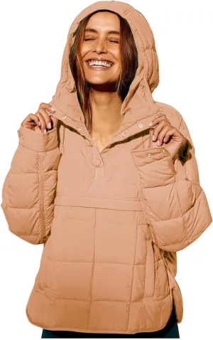Womens Pullover Puffer Jacket Long Sleeve Oversized Quilted Hoodies Solid Color Hooded Sweatshirt Tops Fall Cozy Coats