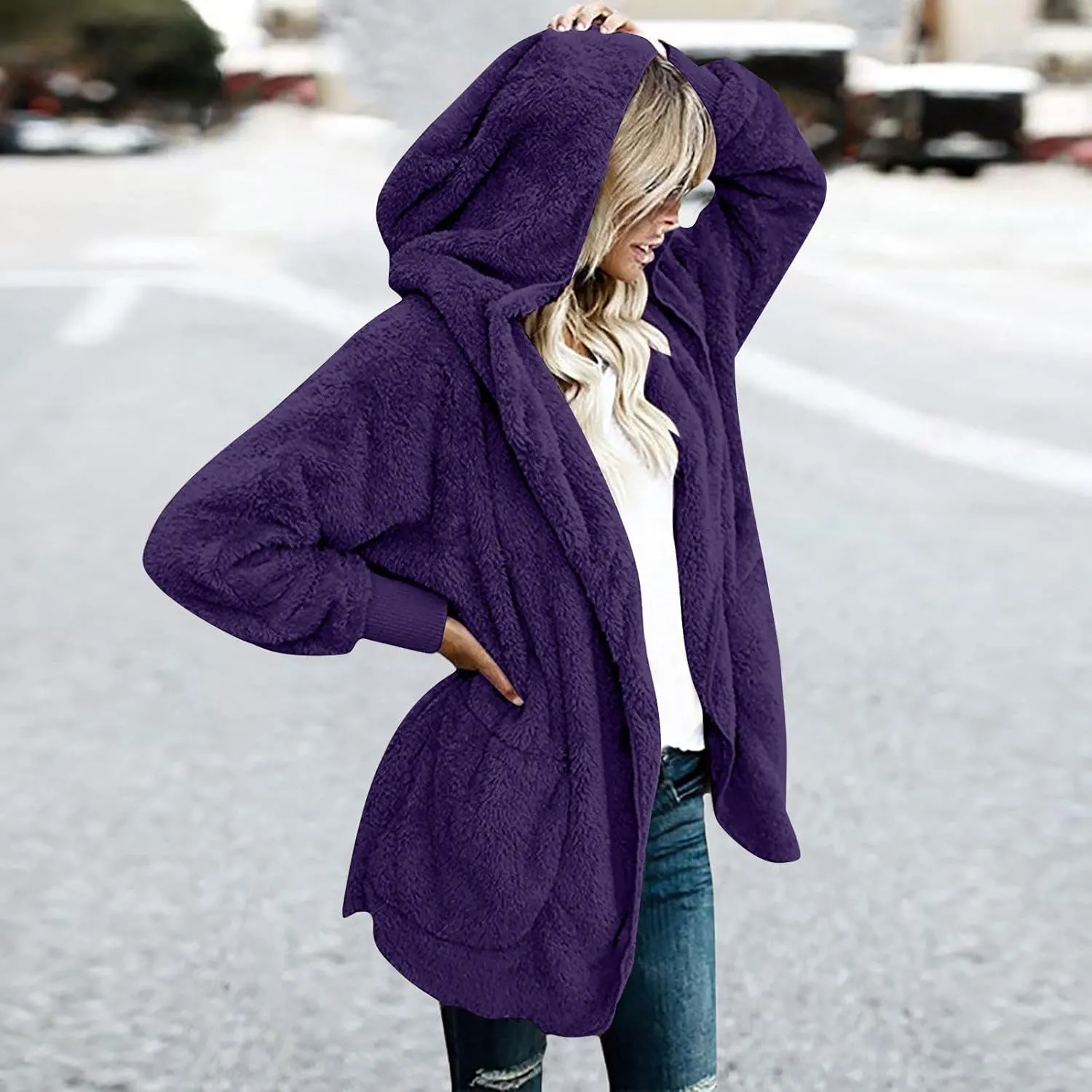 Womens Sherpa Jacket Comfy Fleece Hoodies Fuzzy Jacket Oversized Open Front Cardigan Teddy Coat Outerwear with Pocket