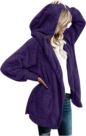 Womens Sherpa Jacket Comfy Fleece Hoodies Fuzzy Jacket Oversized Open Front Cardigan Teddy Coat Outerwear with Pocket