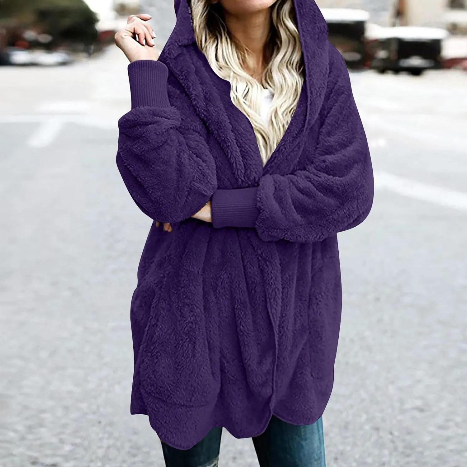 Womens Sherpa Jacket Comfy Fleece Hoodies Fuzzy Jacket Oversized Open Front Cardigan Teddy Coat Outerwear with Pocket