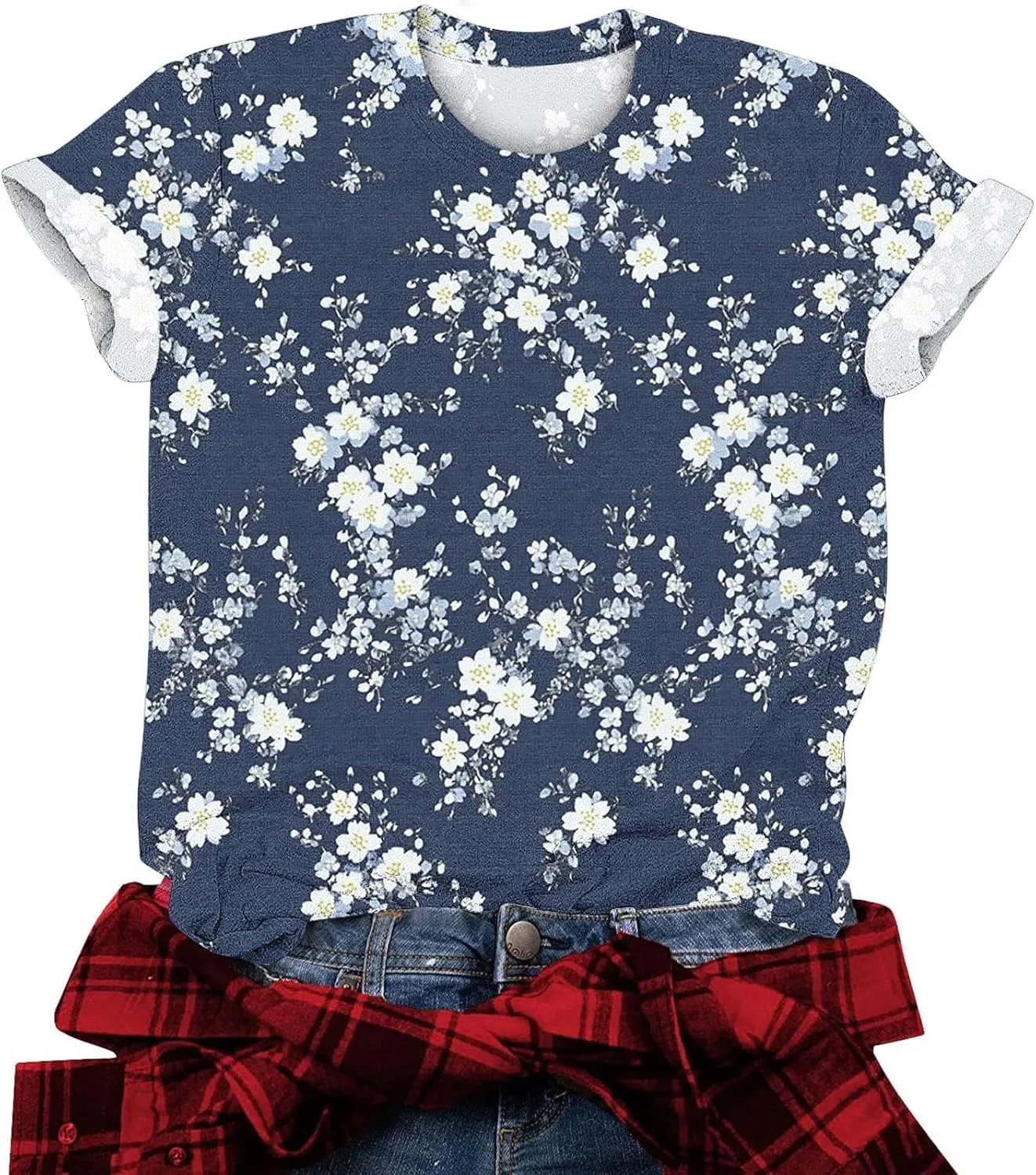 Womens Tops Dressy Casual Short Sleeve Shirts Retro Cute Floral Print Tshirt Tunic Pullover Petite Blouse 2025 Spring