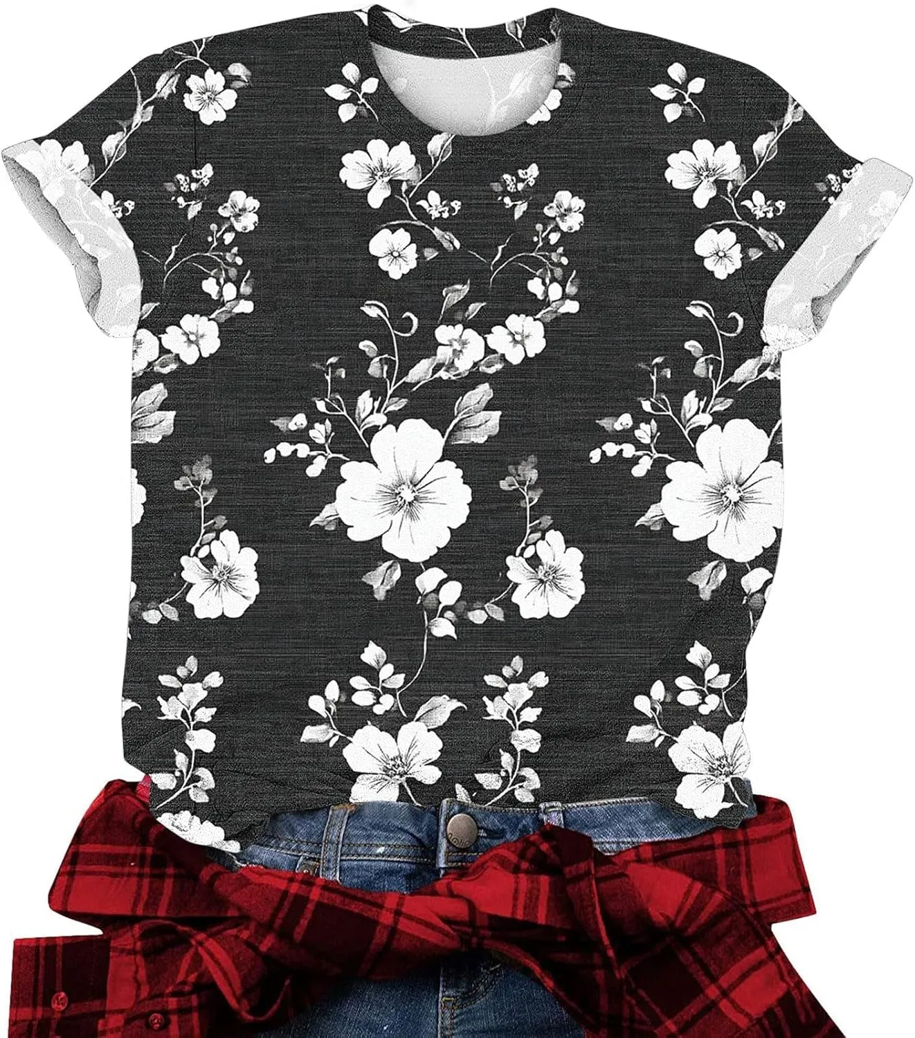 Womens Tops Dressy Casual Short Sleeve Shirts Retro Cute Floral Print Tshirt Tunic Pullover Petite Blouse 2025 Spring