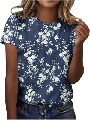 Womens Tops Dressy Casual Short Sleeve Shirts Retro Cute Floral Print Tshirt Tunic Pullover Petite Blouse 2025 Spring