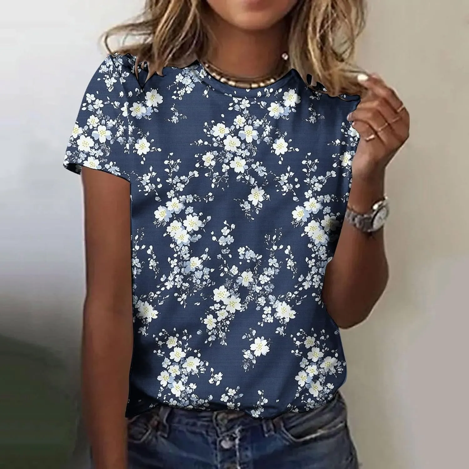 Womens Tops Dressy Casual Short Sleeve Shirts Retro Cute Floral Print Tshirt Tunic Pullover Petite Blouse 2025 Spring