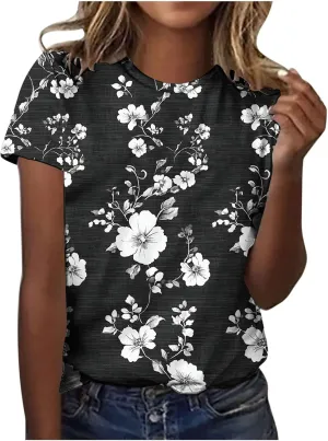 Womens Tops Dressy Casual Short Sleeve Shirts Retro Cute Floral Print Tshirt Tunic Pullover Petite Blouse 2025 Spring