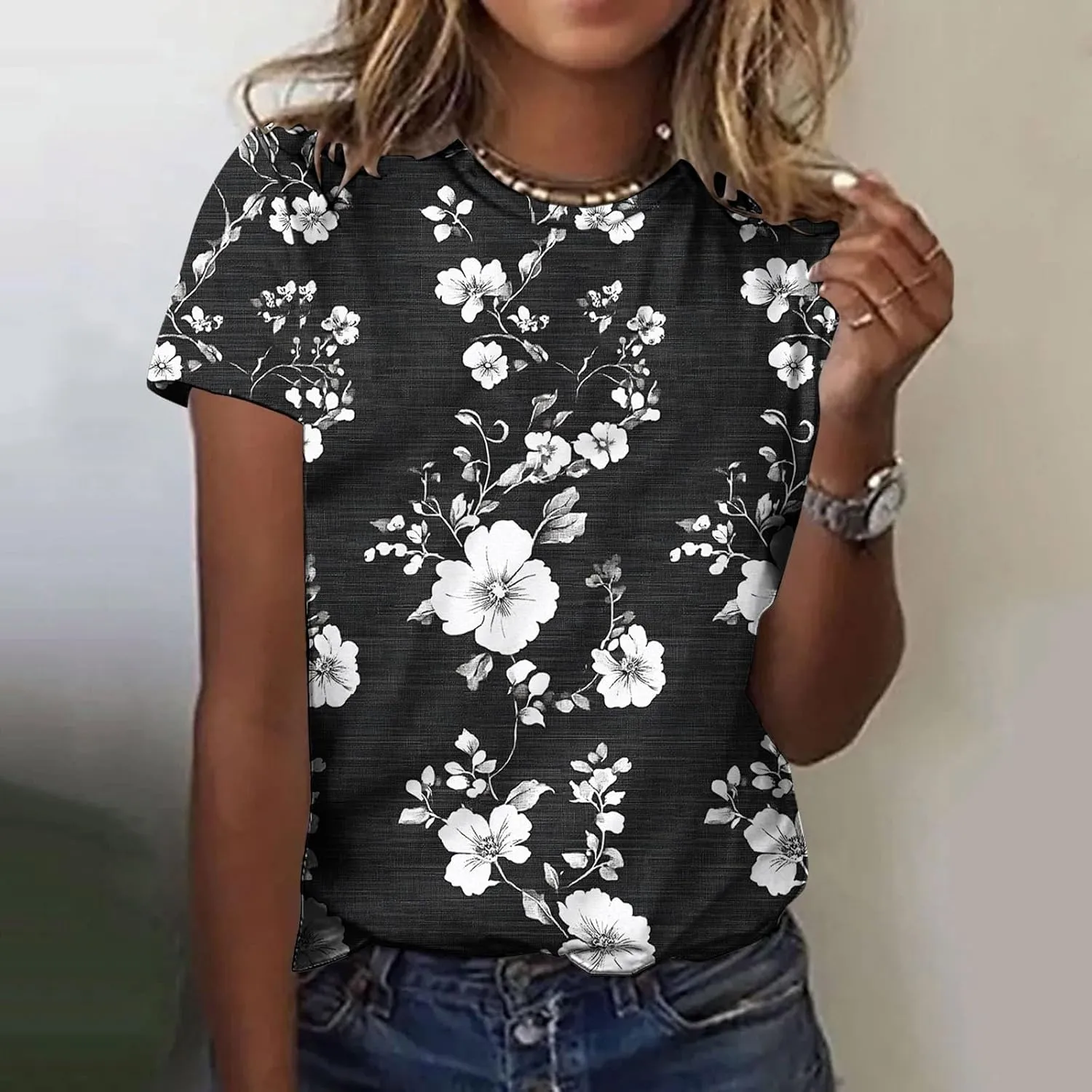 Womens Tops Dressy Casual Short Sleeve Shirts Retro Cute Floral Print Tshirt Tunic Pullover Petite Blouse 2025 Spring
